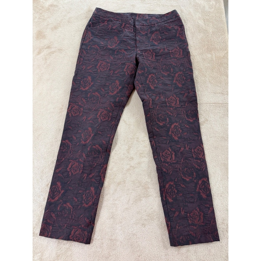 Peruvian Connection Pants Women 6 Floral Rose Jacquard Slim Burgundy Black EUC